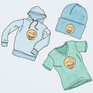 A drawing of two different colored shirts and hats.