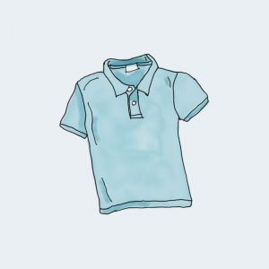 A blue polo shirt is shown on the light blue background.