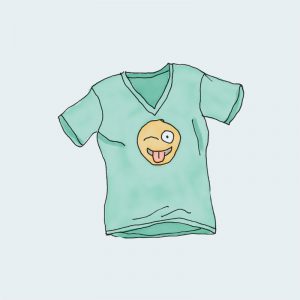 A cartoon of a t-shirt with an image of a smiling face.