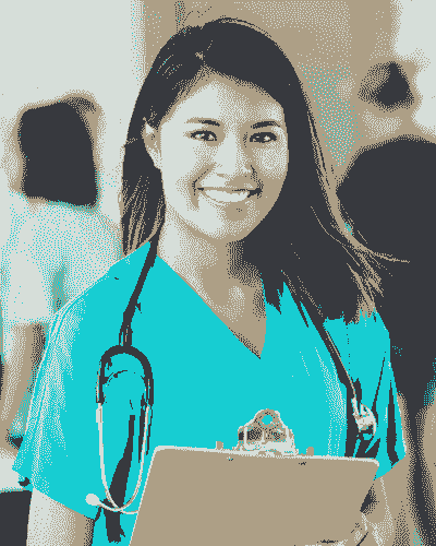 A woman in scrubs with a stethoscope around her neck.