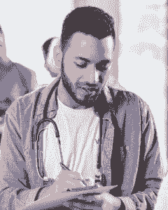 A man with a stethoscope is looking down.