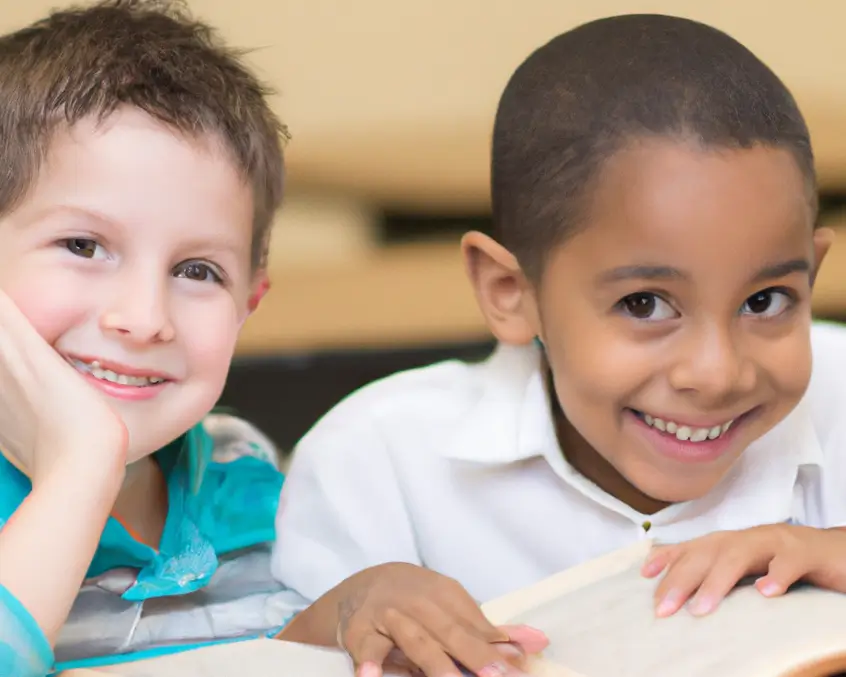 A closeup look at two kids sitting and smiling